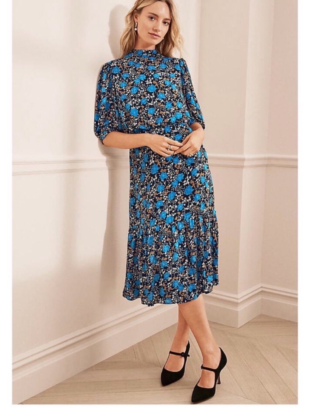 Ann Taylor High Neck Feminine Blue Floral Midi Dress